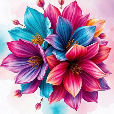 The primary subject of the image is a colorful flower arrangement, featuring a mix of pink, purple, blue, and orange colors. The flowers are arranged in a vase, creating a visually appealing and vibrant display. The setting is a white background, which provides a clean and minimalist look to the image. The visual style is a combination of digital art and illustration, showcasing the artist's skill in creating a realistic and eye-catching representation of the flower arrangement. The colors and m
